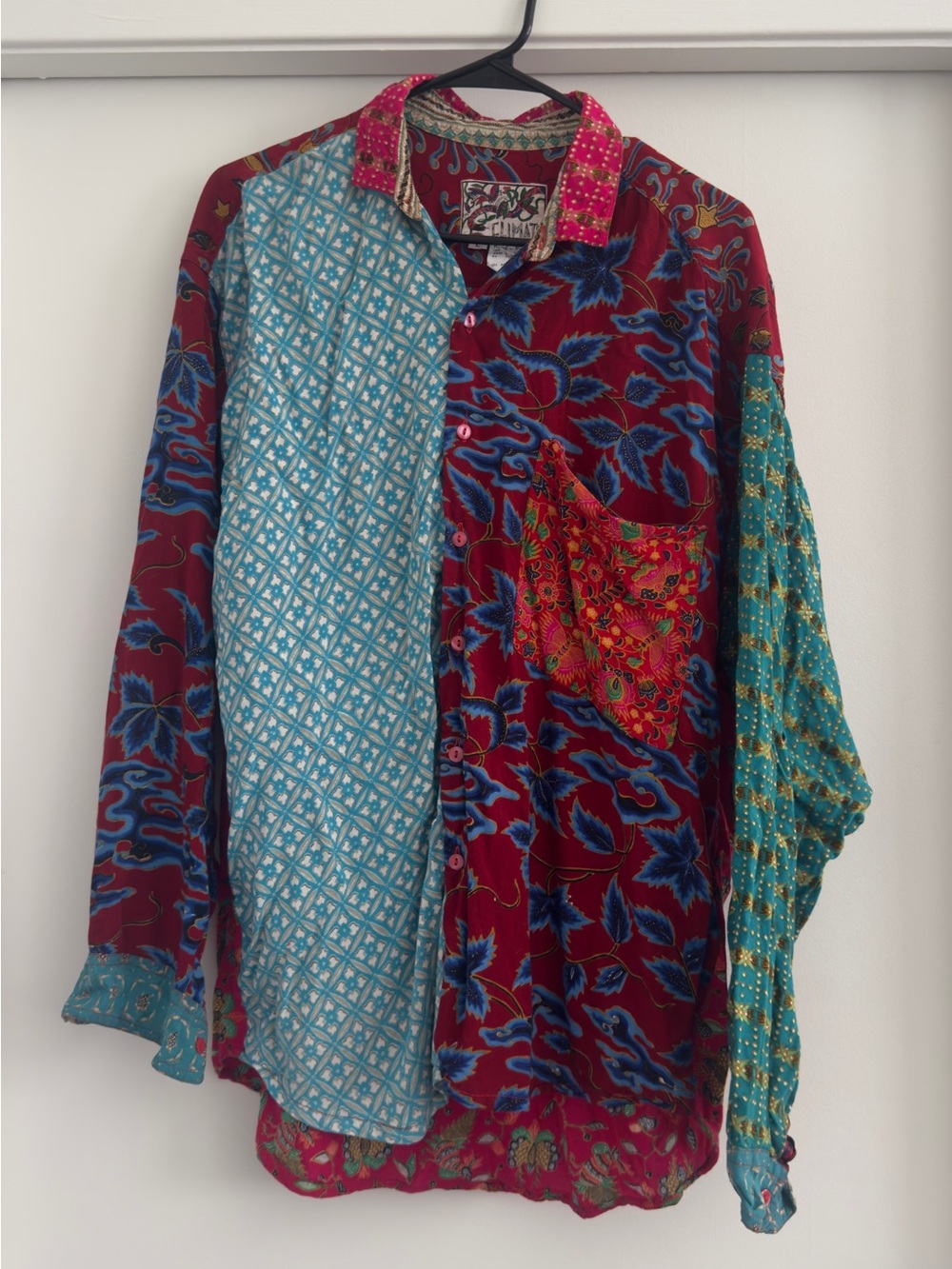 Vintage 90s CLIMATE Patchwork Rayon Shirt Batik Tribal Boho Large